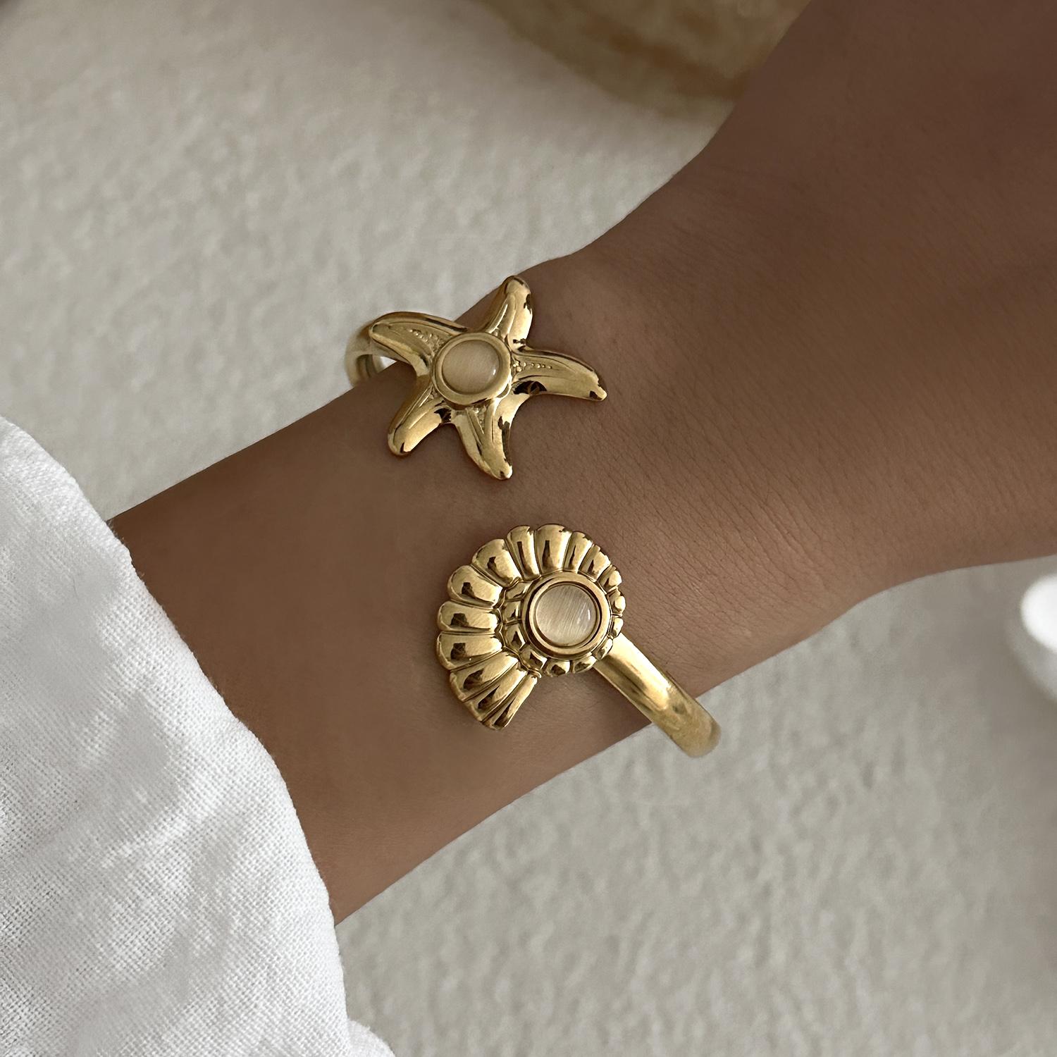 

Design Sense Stainless Steel Cuff Bangles for Women Trendy Asymmetrical Starfish Shell Open Bangles Summer Waterproof Jewelry