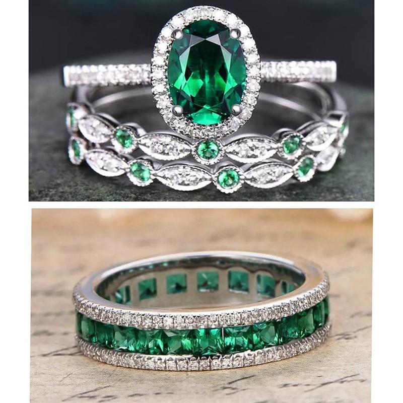 Huitan Royal Green Cubic Zirconia 4PCS Ring Set Wedding Trendy Party Wearable Jewelry Set Versatile Stackable with Gift BoxGood Product