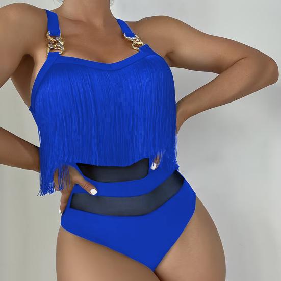 Women Sexy Monokini Sling Sleeveless Tassel Decor Swimsuit Mesh Splicing Backless Design One-piece Bikini