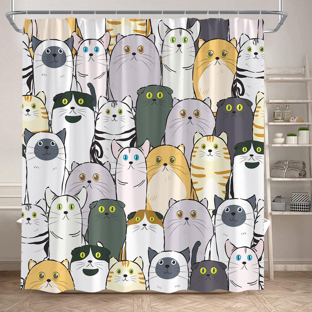 Funny Cartoon Bathing Cats Shower Curtains Cute Animals Pet Cat Kids Bath Curtain Polyester Children Bathroom Decor With Hooks