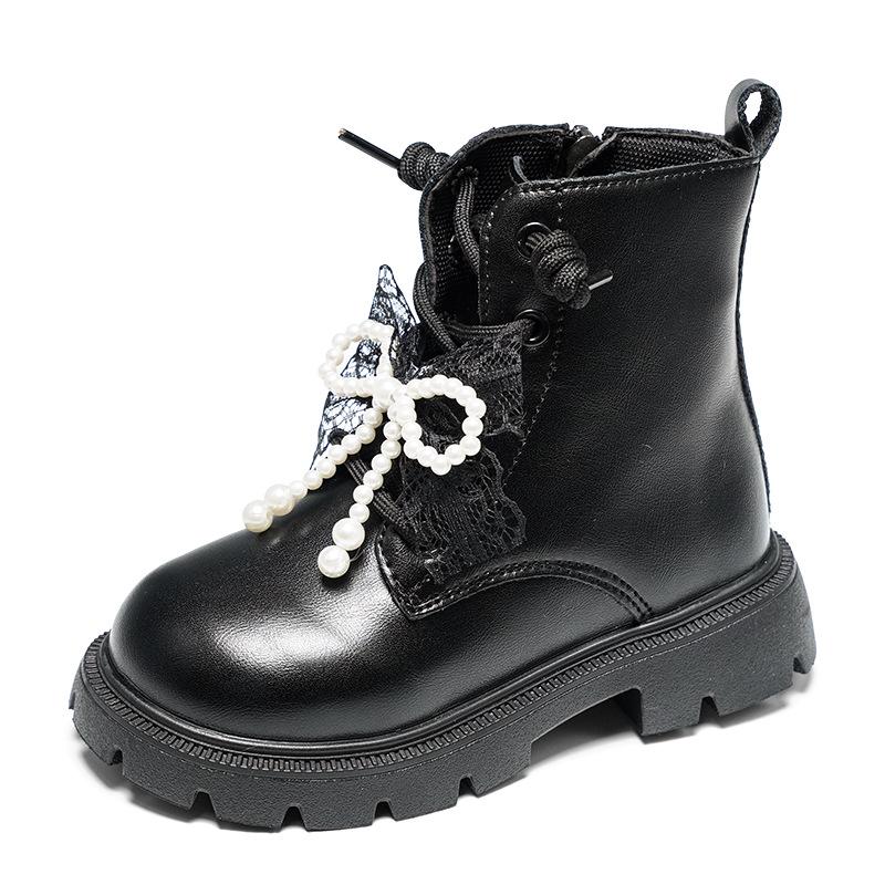 Autumn 2025 Girls' Beaded Bow Martin Boots - Short Leather Fashion Boots for Little Girls