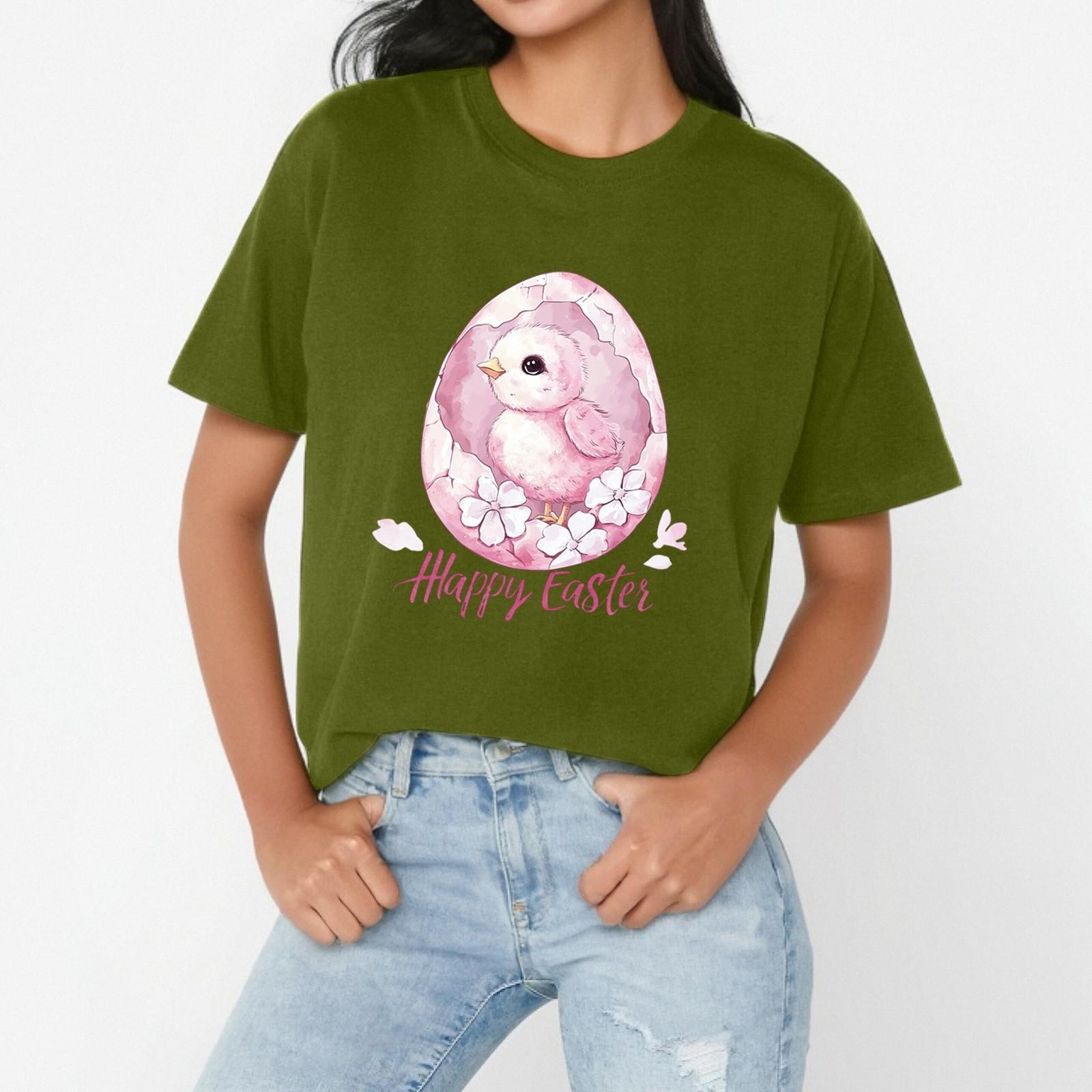 

HAPYY EASTER Женская повседневная свободная футболка с пасхальным принтом и круглым вырезом, пуловер с коротким рукавом L армия зеленый