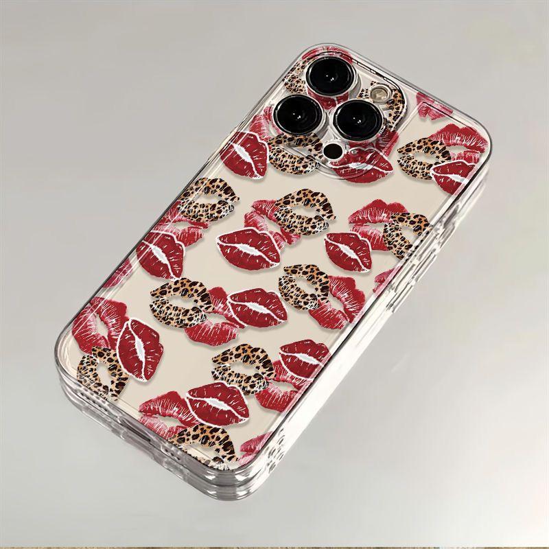 

Leopard Print Red Lips Transparent Phone Case For iPhone 16 15 11 12 14 13 Pro Max Mini X XSMax XR 7 8 Plus SE4 16e Silica Cover iPhone 14 Pro Max