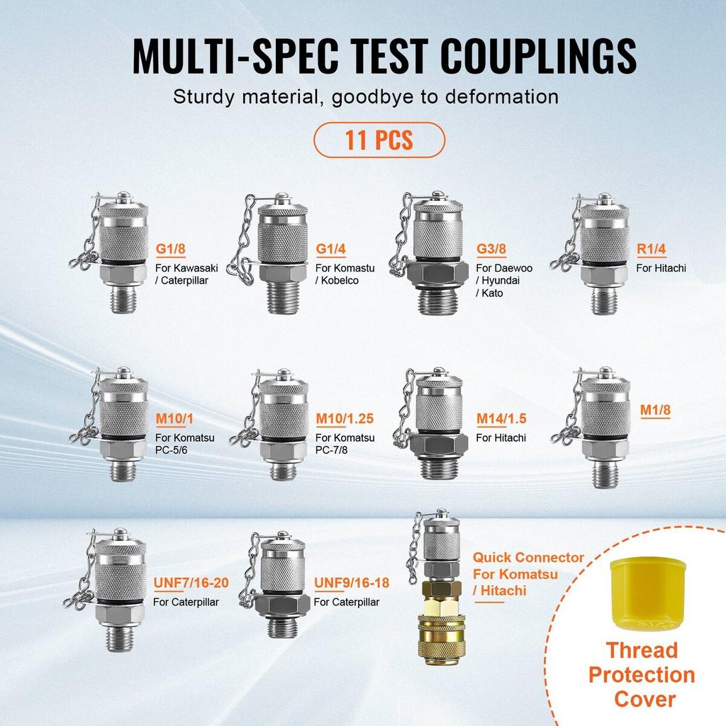 Hydraulic Pressure Test Kit, 250/400/600bar, 3 Gauges 11 Test Couplings 3 Test Hoses, Excavator Hydraulic Test Gauge Set with Portable Carrying Case