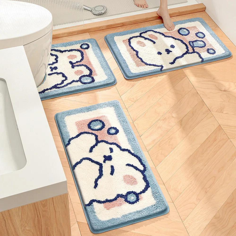 Cartoon Rabbit Flocking Bath Mat Toilet Mat Non-slip Absorbent Shower Door Mat Kitchen Oil-proof Leather Mat Bedroom Bedside Rug