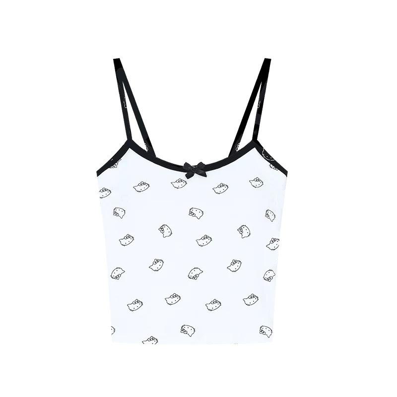 Women Spaghetti Strap Camisole Top Generic Cartoon Cat Print Bow Decor Slim Fit Cropped Cami Tank Top, Black White Gray