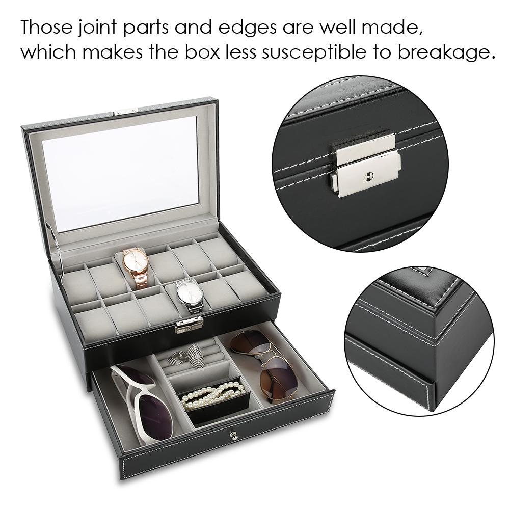 Double Layer PU Lther Wood Watch Holder, Watch Display Case Jewelry  Storage Box, Wristwatch Display Case for Rings rrings Bracelet Necklace 11.8 X 8.
