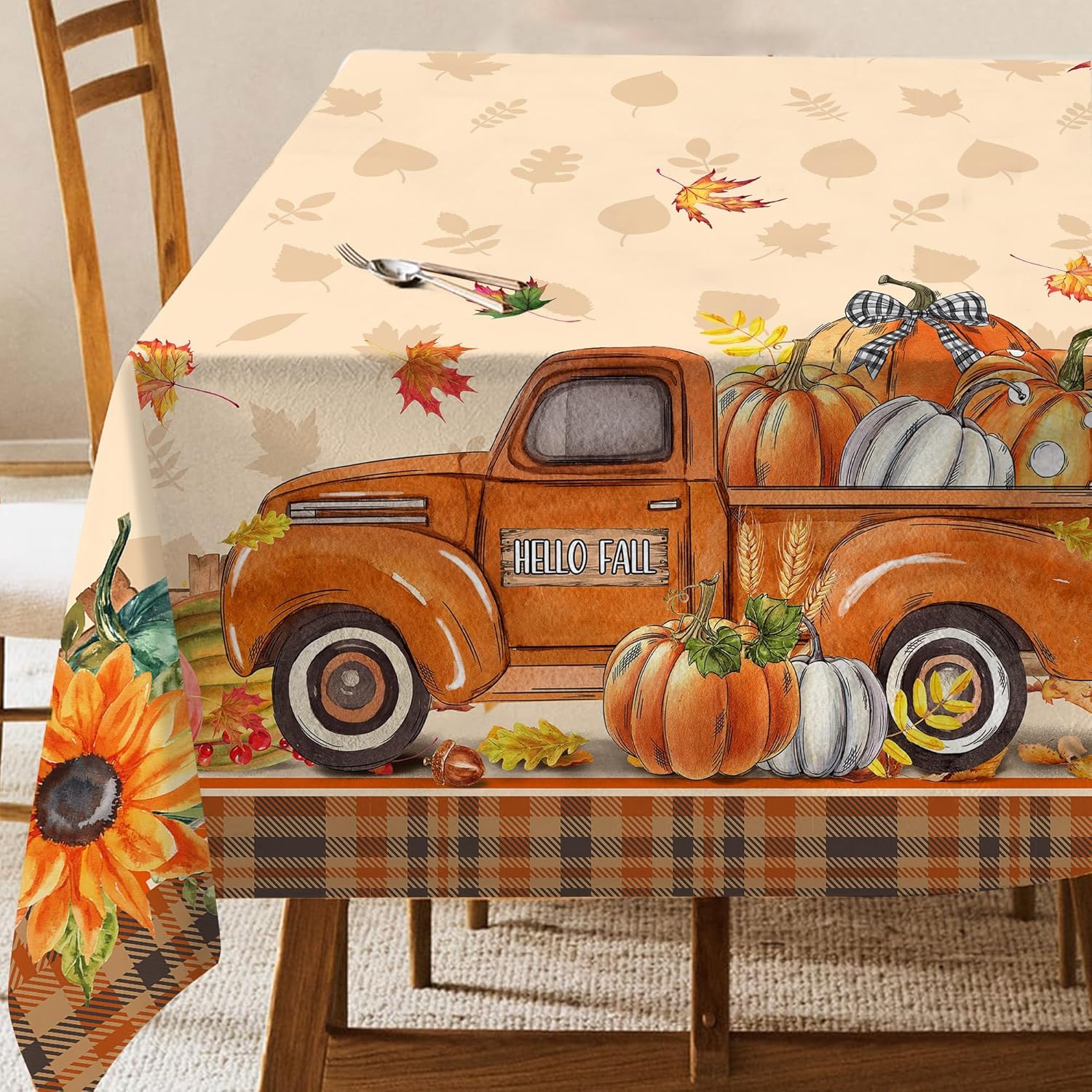 Hexagram Fall Tablecloth 60 x 84 Inches, Fall Table Cloth Rectangle, Autumn Pumpkin Red Truck Tablecloth for Home Kitchen Dining Decor 60 x 84 (Rectangular)