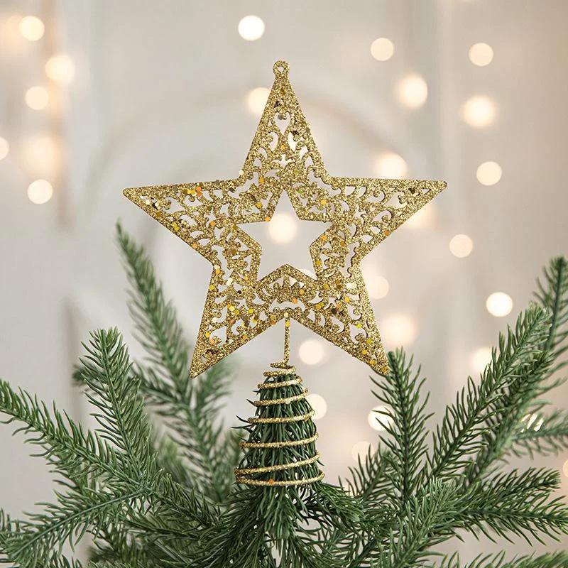 Gold Glitter Christmas Tree Top Iron Star Christmas Decorations for Home Xmas Tree Ornaments New Year 2023