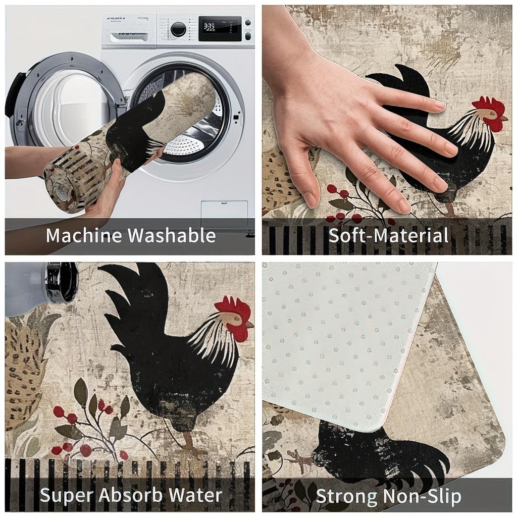 1 Stück Anti-Ermüdungs-Küchenteppiche, Hahn-Sonnenblumen-Druck, wasserdichte, rutschfeste, dick gepolsterte Küchenmatte, strapazierfähige, bequeme Stehmatte für die Küche