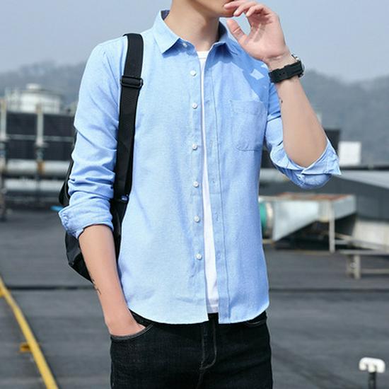 Cămașă Oxford cu mânecă lungă pentru bărbați, croială slim fit - Albastru uni, Negru sau Alb, stil coreean