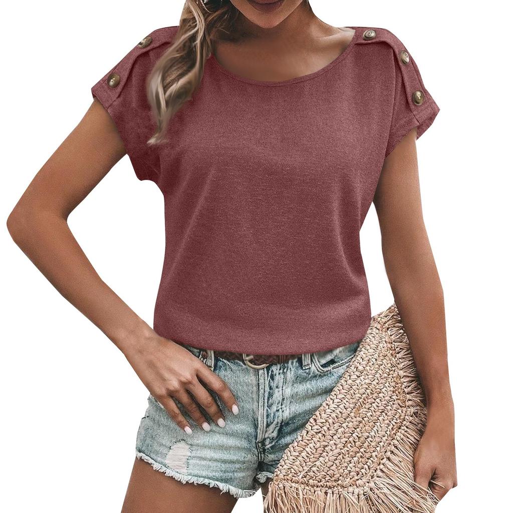 Women's Fashion New Round Neck Solid Color Button Short Sleeve Top