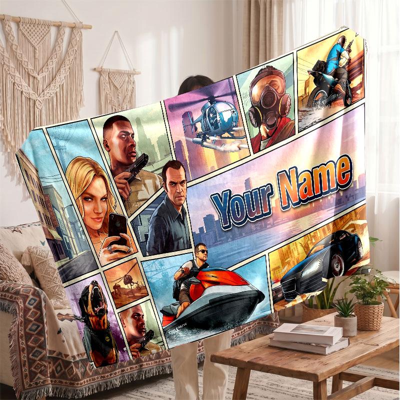 GTA Personalized Flannel Blanket, Custom Printed Text Name, Warm Soft Blanket For Couch Bed