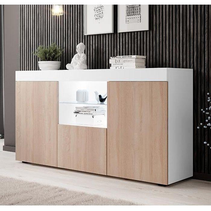 Buffet Bahut 3 portes avec LED | 150 x 83 x 40 cm | Couleur Sonoma et Blanc mate | Meuble de rangement | Modèle NATOLIA