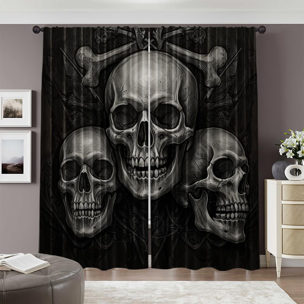 2pcs, 2D flat Window Treatment Curtains Gothic Triple Skull Versatile Polyester,Without Electricity Family Party Decoration