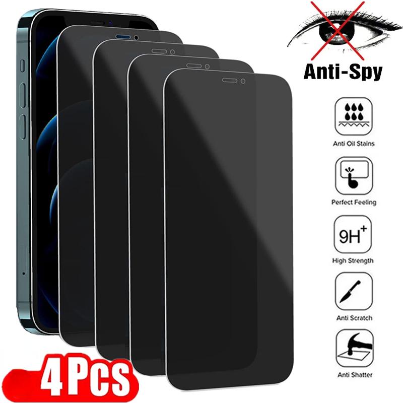 Protecteur d'écran de confidentialité, 4 pièces, en verre trempé Anti-espion pour IPhone 12 13 Pro Max Mini 7 8 Plus 11 14 Pro MAX XS XR X