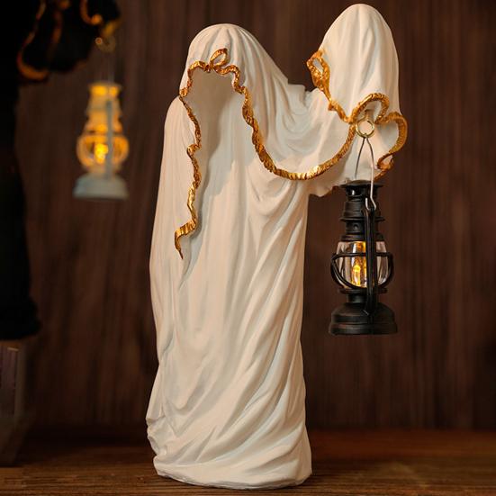 Ghost Wizard Figurine Halloween Ghost Statue with Light-up Lantern Vintage Gothic Ghost Sculpture for Indoor Mantel Cabinet Decoration