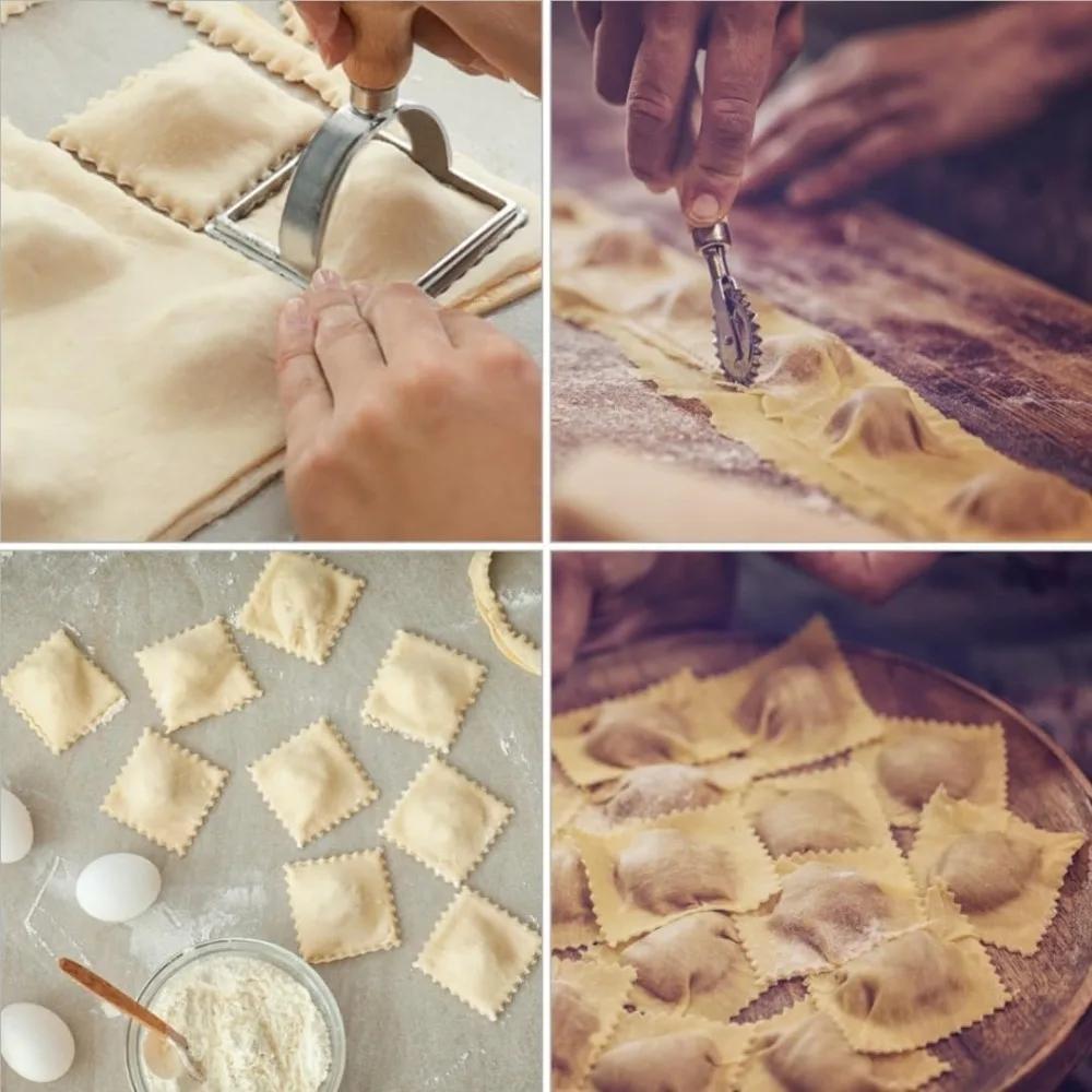Ravioli Stempel Set, Ausstechformen mit Holzgriffen und geriffelten Kanten, geeignet für Ravioli, Pasta, Tortellini, Lasagne, Piroggen