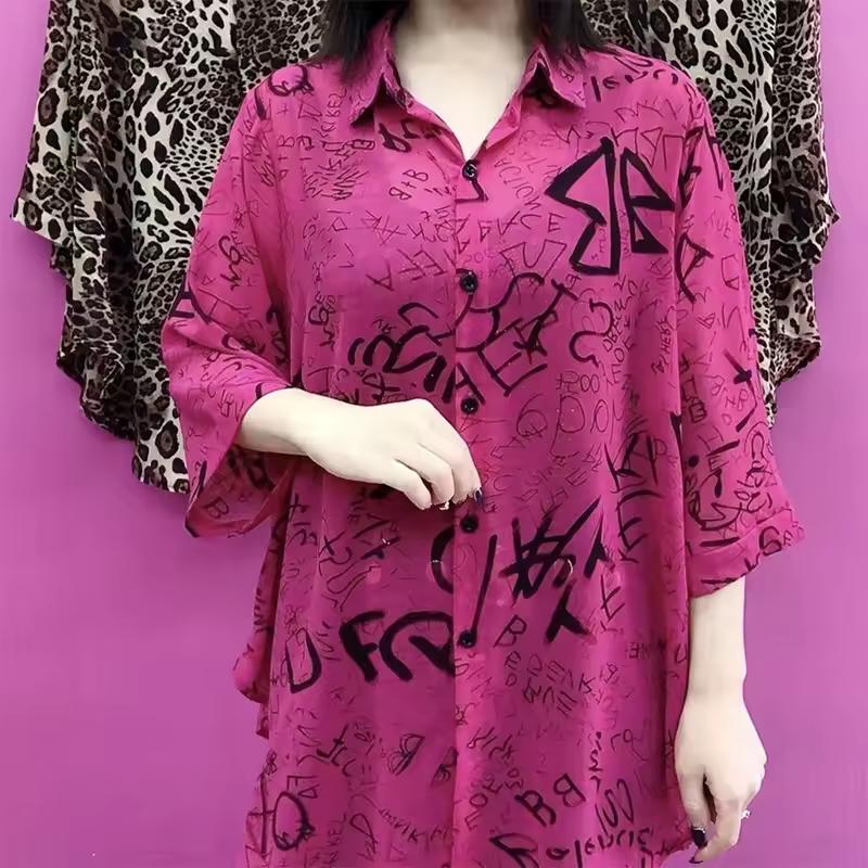 Women's Spring Summer Polo-neck Oversized Printing Long Sleeve Shirt Ladies Loose Casual All-match Buttons Blouse Cardigans Tops