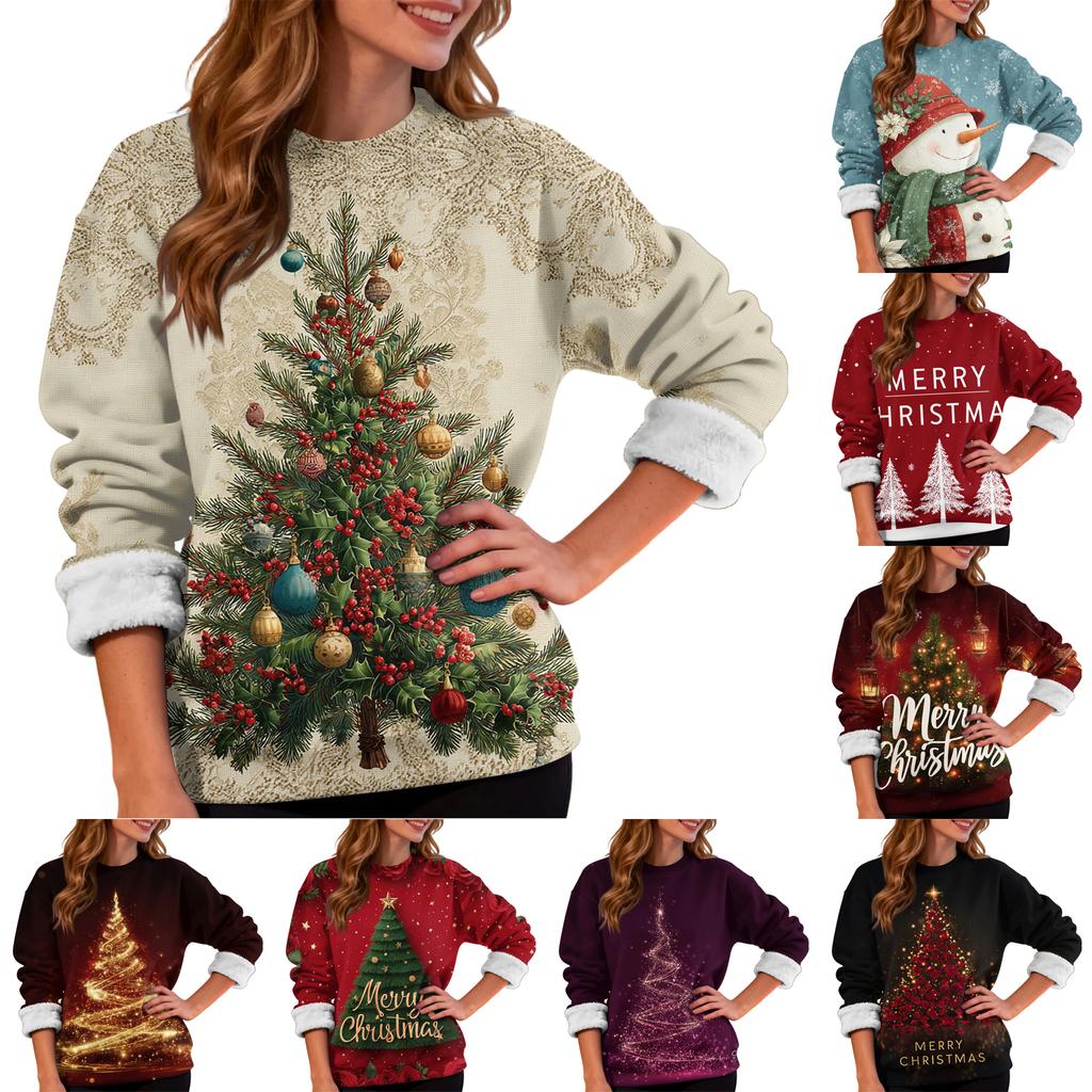 Women's Casual Fashion Round Neck Plus Velvet Thickened Christmas Print Sweatshirt