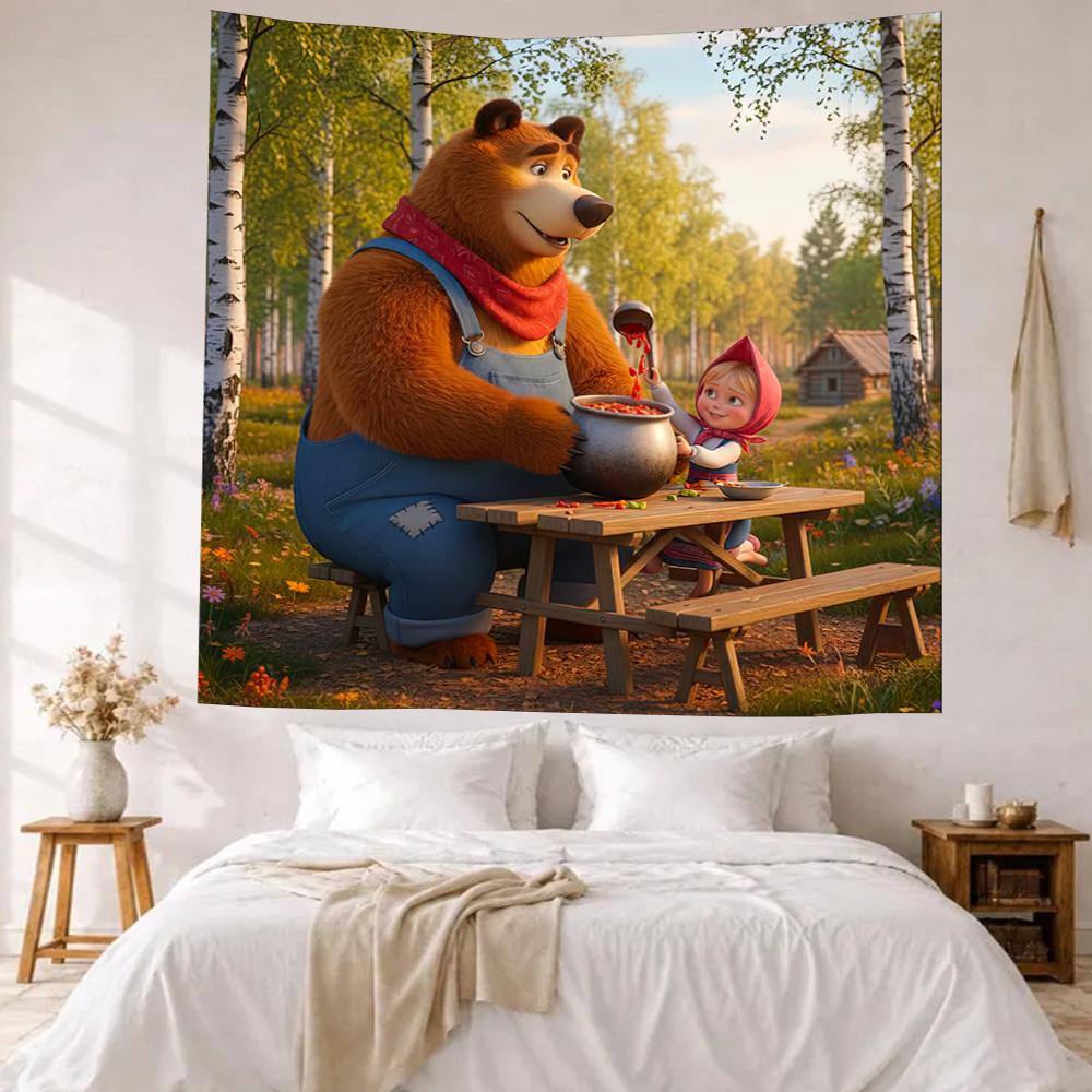 Masha Bear Wall Decor Tapestry Art For Pet Memorial Birthdaywedding Party Backdrop Family Gift