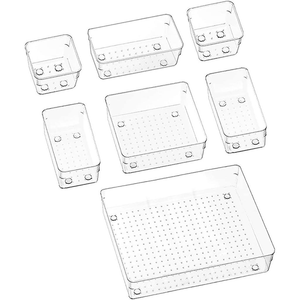 Set of 7 Transparent Plastic Storage Drawers Stackable Organizer Boxes with Perforated Bottoms for Versatile Home and Office Use