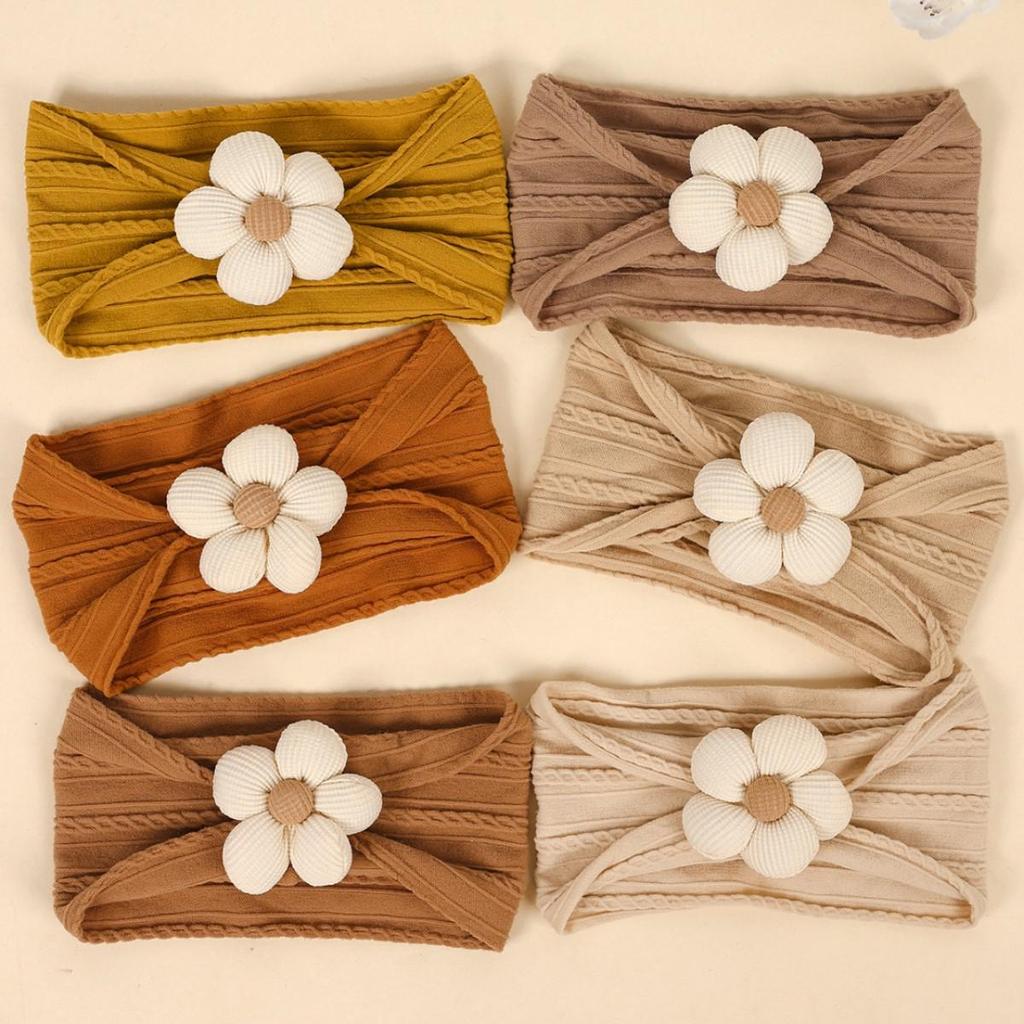 Children's Nylon Headband with Handmade Flowers - Wide, High Elasticity, Soft Jacquard Fabric