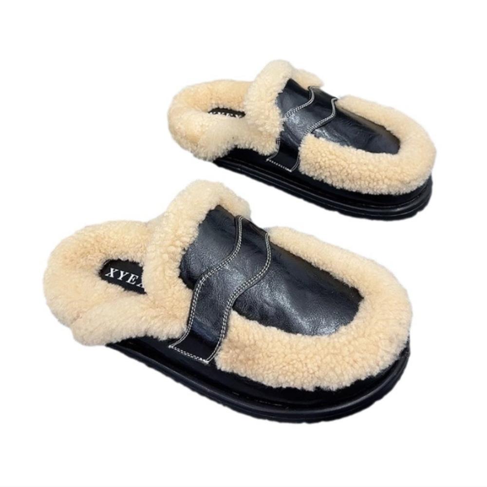 Fashion Flats Platform Cotton Slippers Women Fur Mules Shoes 2024 Winter New Plush Warm Slides Trend Soft Leather Cozy Casual Shoes