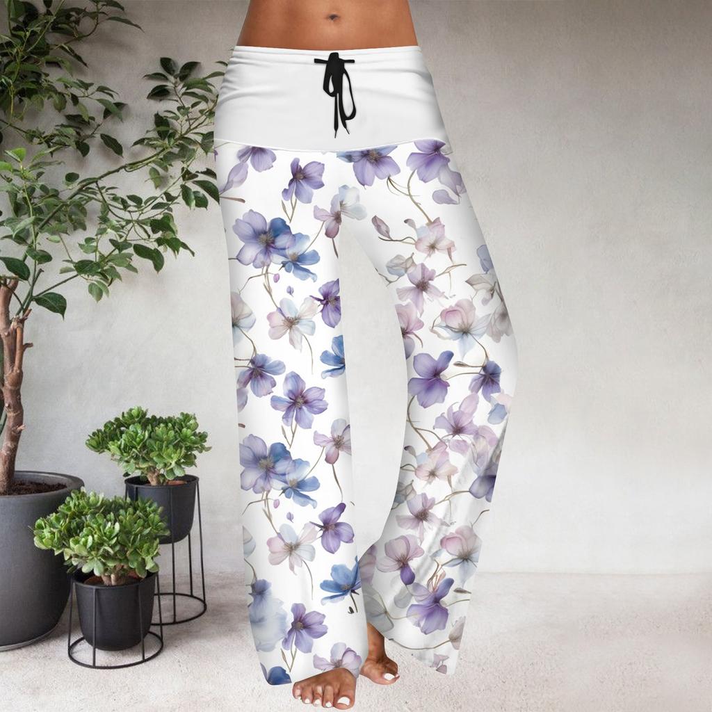 Women's Drawstring Elastic Waistband Wide Leg Color Matching Floral Printed Casual Pants