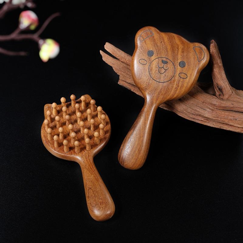 Sandalwood Cat & Bear Massage Meridian Comb - Long Hair, Full Body Use - Scalp Massage Wide Tooth Comb