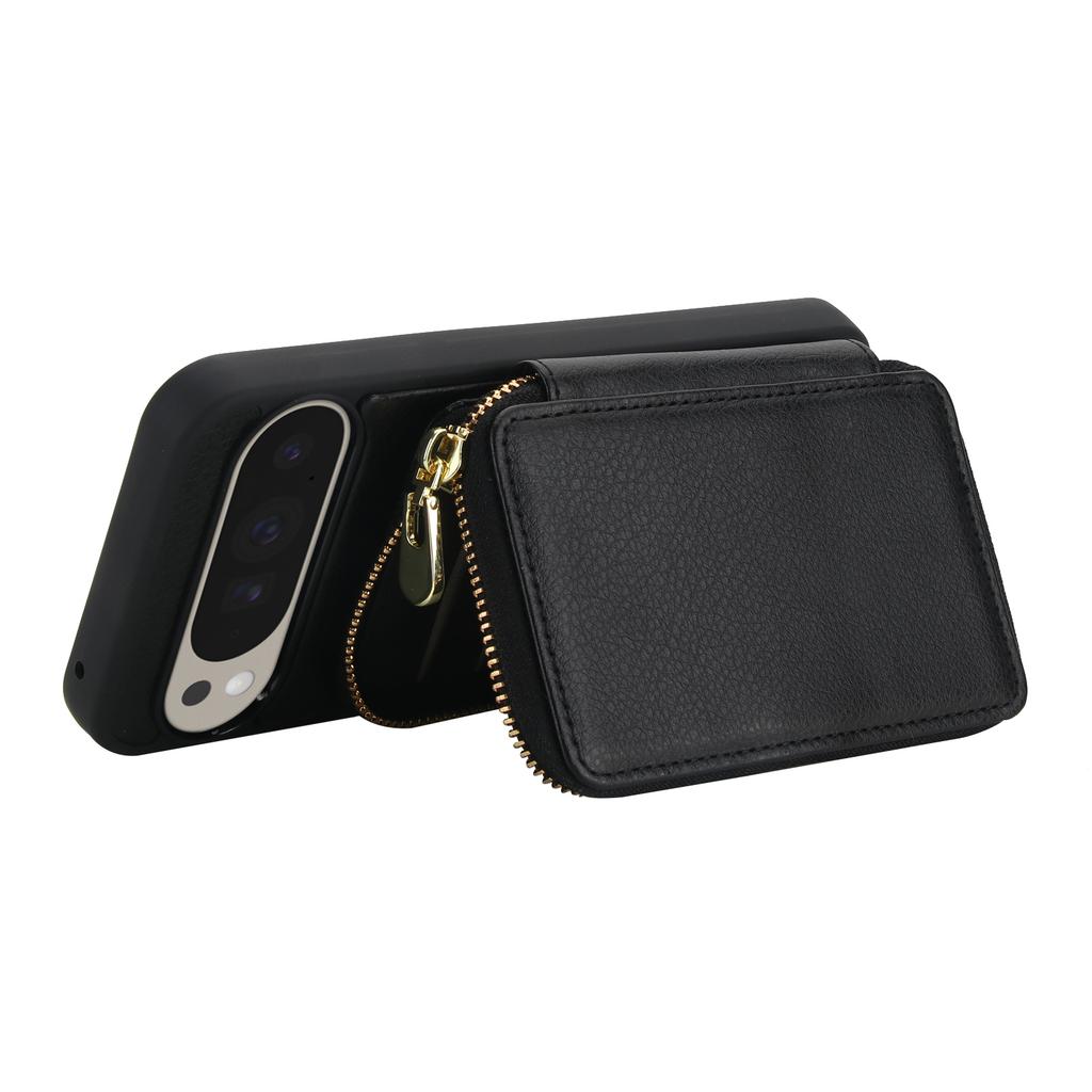 For Google Pixel 9/9 Pro Case RFID Blocking Zipper Wallet Leather + TPU Phone Cover with Shoulder Strap