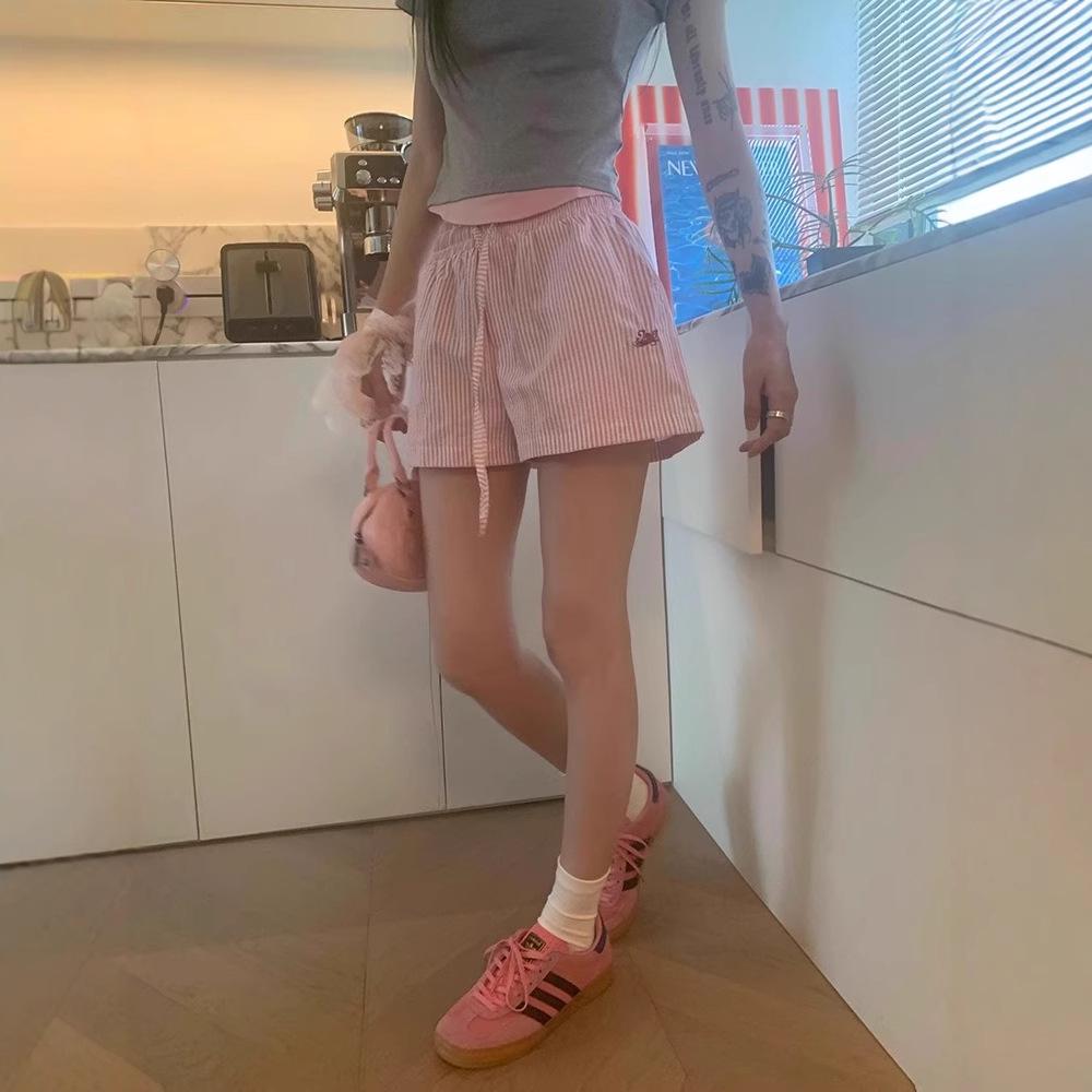 Hong Kong Style Striped Embroidered Drawstring Wide-Leg Shorts for Women - Casual, Versatile, and Lightweight