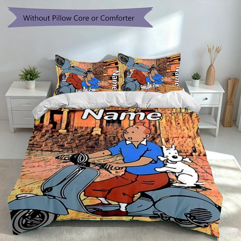 Juego de Ropa de Cama Las Aventuras de Tintín con Nombre Personalizado de 3 Piezas, Incluye 1 Funda Nórdica y 2 Fundas de Almohada, Decoración de Dormitorio para Todas las Estaciones