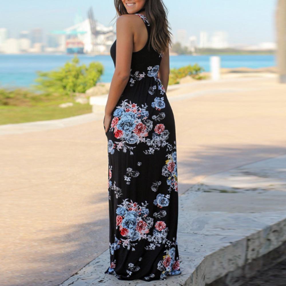 Summer Women's Elegant Casual Sleeveless Floral Printed Beach Dress Long Sundress