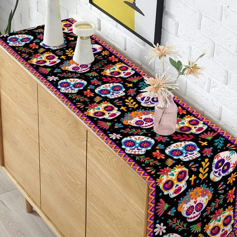Halloween Table Runners Day of The Dead Party Tablecloth Party Ghost Accessories Floral Skull Ghost Horrible Dining Table Decor