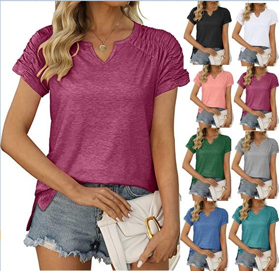 Women's V-Neck Shoulder Sleeve  T-Shirts Short Sleeve Top Women's
