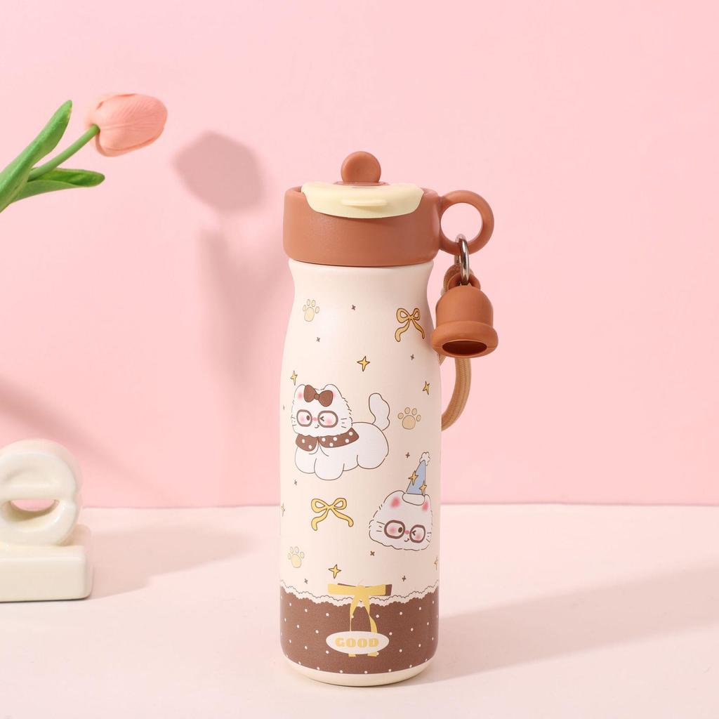 Sweet Cartoon Heart Thermos Cup with Lanyard – Portable Flip-Top Water Bottle for Students & Travel