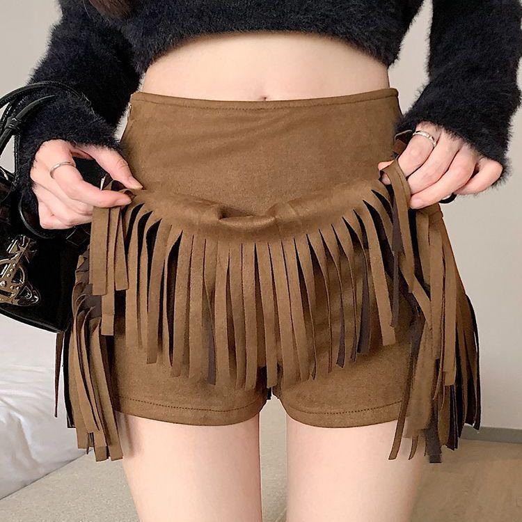 2025 Autumn/Winter Women's Retro Suede High-Waisted Tassel A-Line Mini Skirt