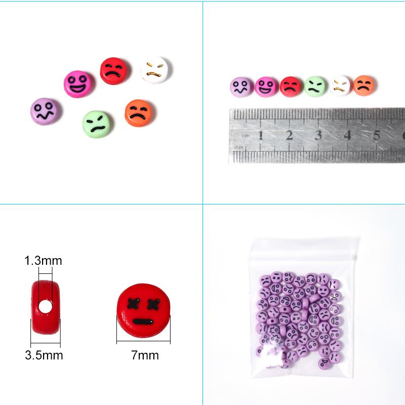 100Pcs/Lot 7mm Acrylic Beads Emoticon Pattern Color Flat Round Hole Size 1.3mm Beads Diy Cute Bracelet Necklace Accessories