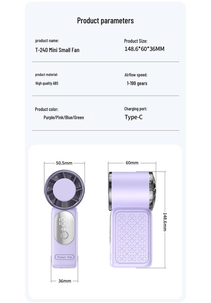 New T240 Pocket Turbo Fan: USB, High-Speed, Digital Display, 100 Gears, Candy Color, Portable.