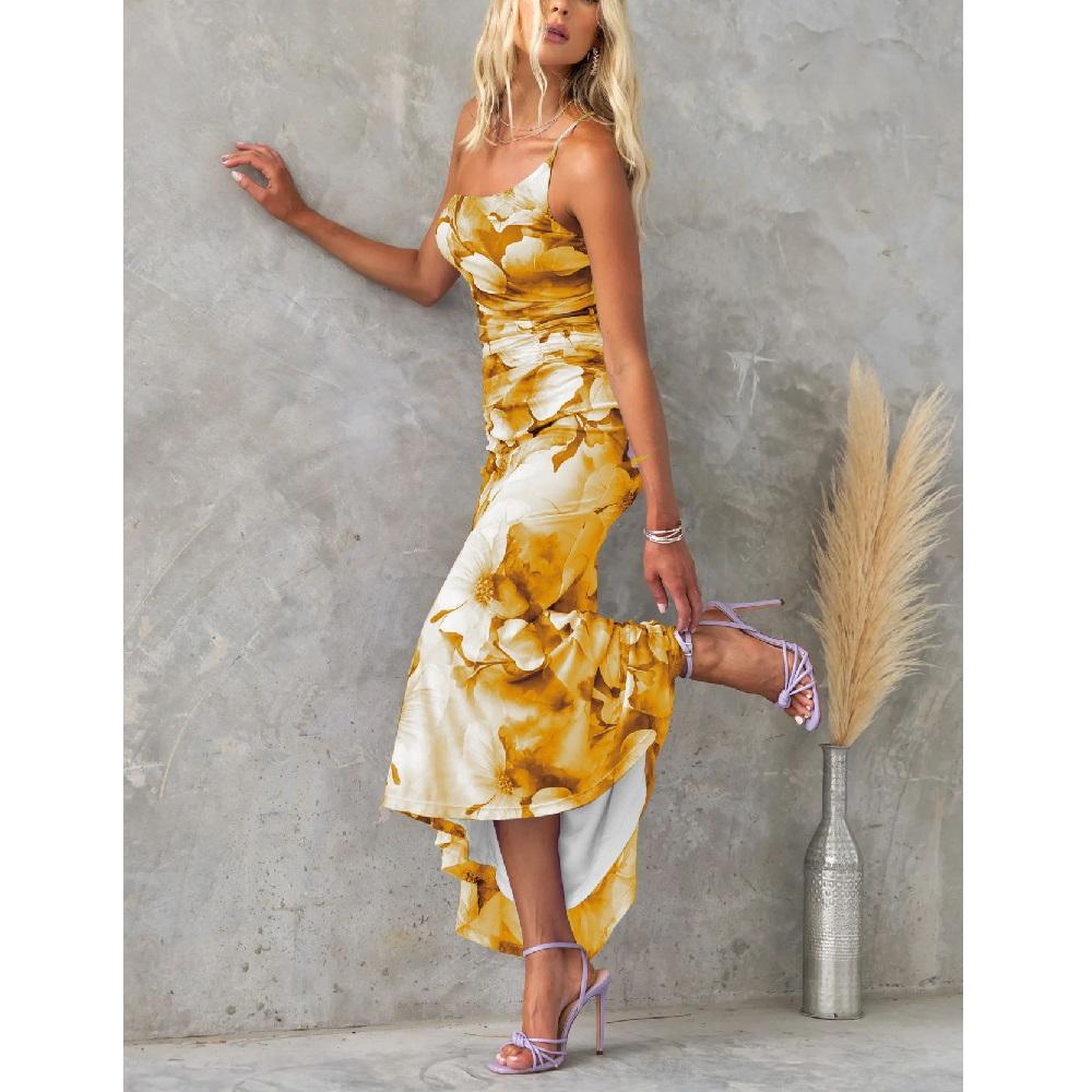 Women Summer Slash Neck Long Dresses Ladies Fashion Floral Printing Ruffle Hem Pleated Bodycon Party Maxi Dress