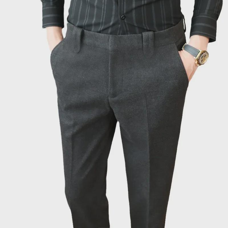 Men's Slim Woolen Trousers: Autumn/Winter Business Casual or Formal Tweed Nine-Point Pants