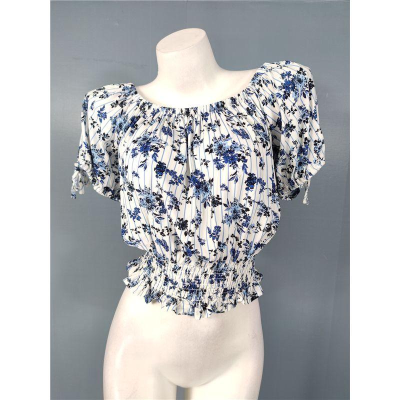 

Foreign Trade Order Summer New Ins Comfortable Refreshing Elastic Artificial Color Delicate Strap Short sleeve Top Elastic Short Blue White Flower M