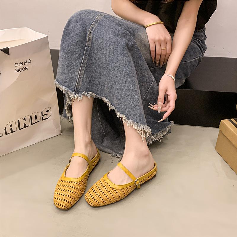 Sheepskin Version! Inner Heightening Rhinestone Baotou Half Drag Girl 2025 Summer New Mesh Breathable Fairy Wind Cool Slippers