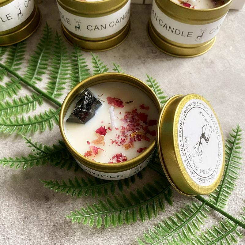 Golden Tin Box Aromatherapy Candles Crystal Salt Stonedried Flower Scented Soy Wax Smokeless Candle Home Decoration