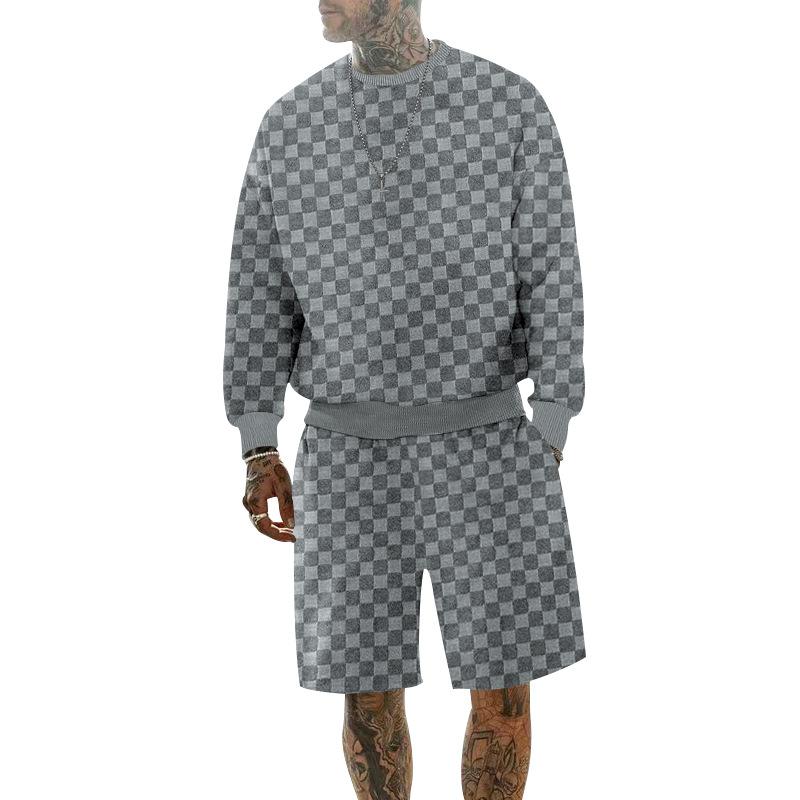 Rundhals Herren T-Shirt Langarm Shorts Set Locker Lässig Schachbrett Sport Zweiteiliges Set