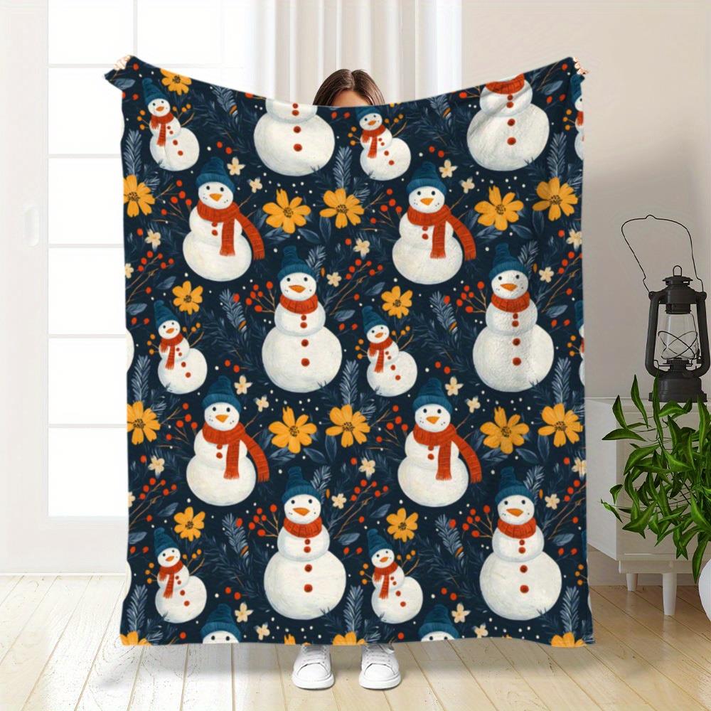 1pc & Soft Plush Fleece Blanket - Dark Navy Blue Snowman & Snowflake Print, Red & Golden Winter Design, All-Season Cozy Bedsprea 130x150cm51x59in
