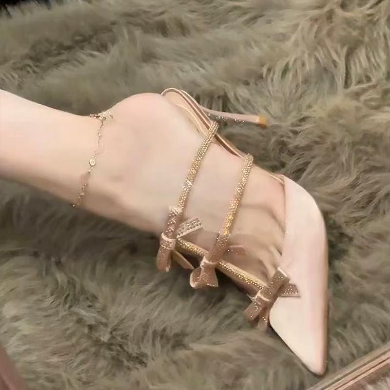 Fashion Summer Baotou Slippers Women's Fashion Pointy Shallow Cut Hollow-out Sequin Butterfly Knot Foot Non-slip Heels