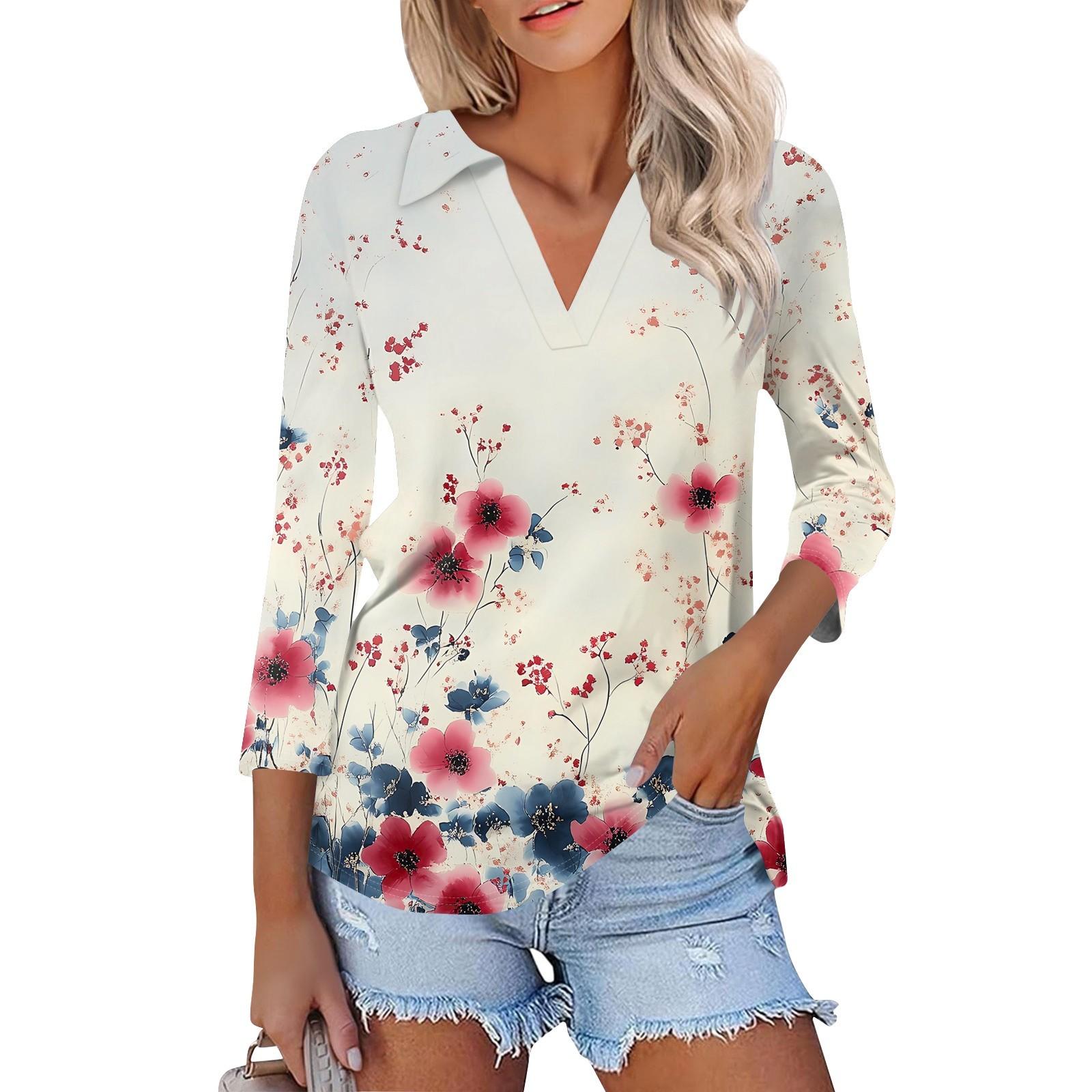 

Жіноча модна повсякденна сорочка з принтом 3/4 рукава, жіночі топи з V-подібним вирізом L Кіновар