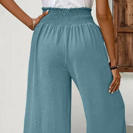 Women Pants Elastic Waist High Side Split Casual Pants Spring Summer Autumn Breathable Solid Color Loose Fit Wide Legs Trousers